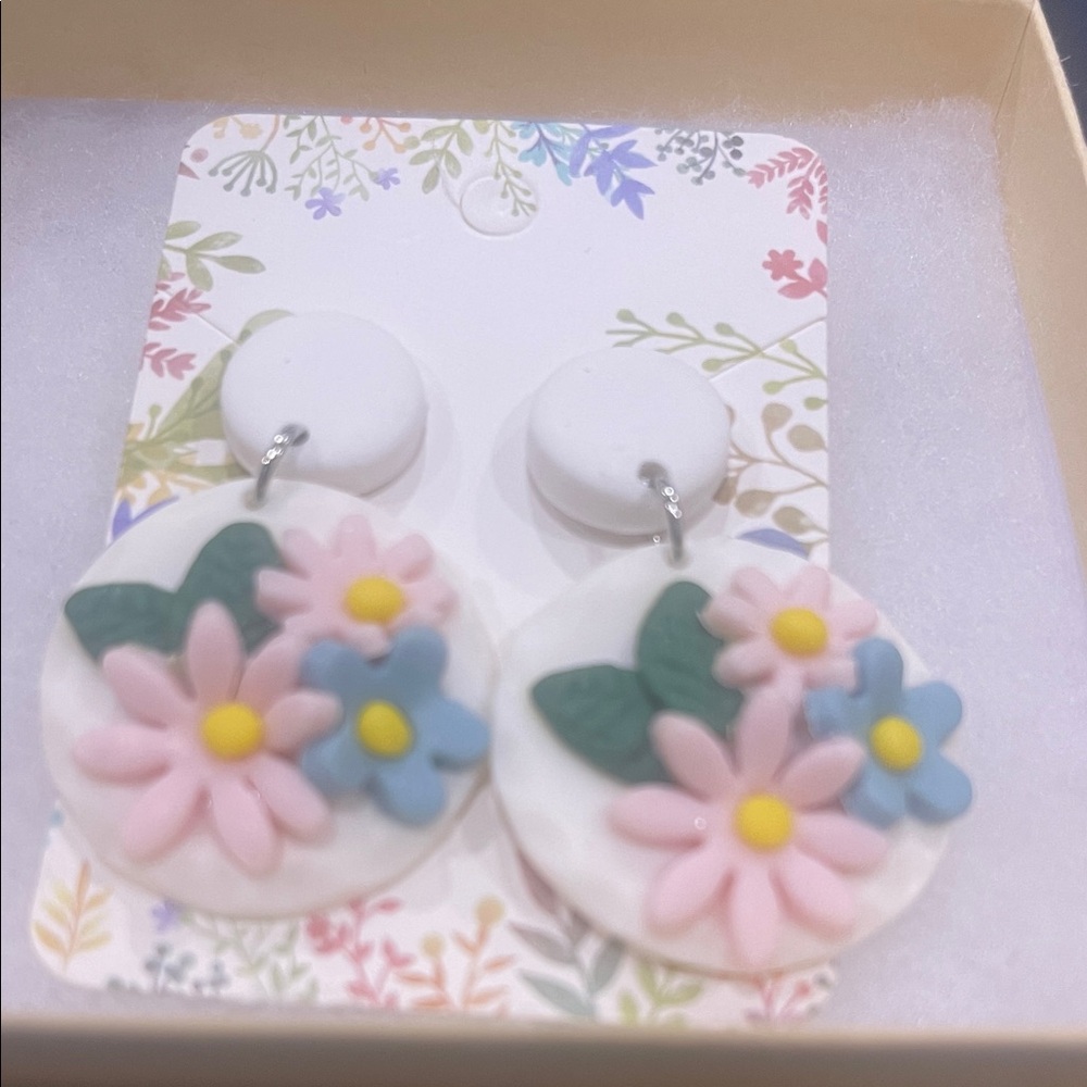 Floral Clay Earrings with Pink and Blue Flowers